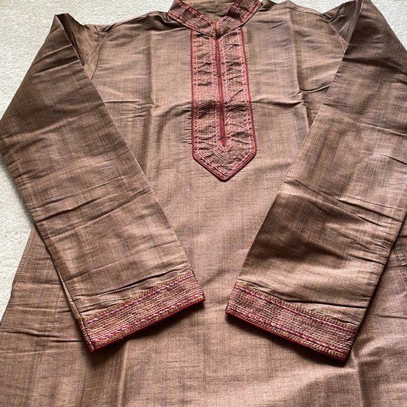 [NEW] Indian Pakistani Men Kurta Pajama Sherwani Suit Brown Red - Picture 3 of 10